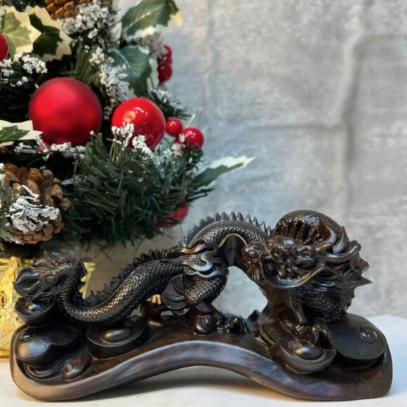 CHINESE WOODEN DRAGON FIGURINE FENGSHUI GOOD LUCK